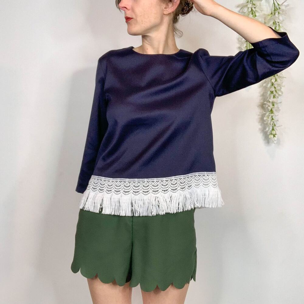NWT ENGLISH FACTORY satin blouse fringe tassel navy long sleeve flapper 2266 - Picture 5 of 9